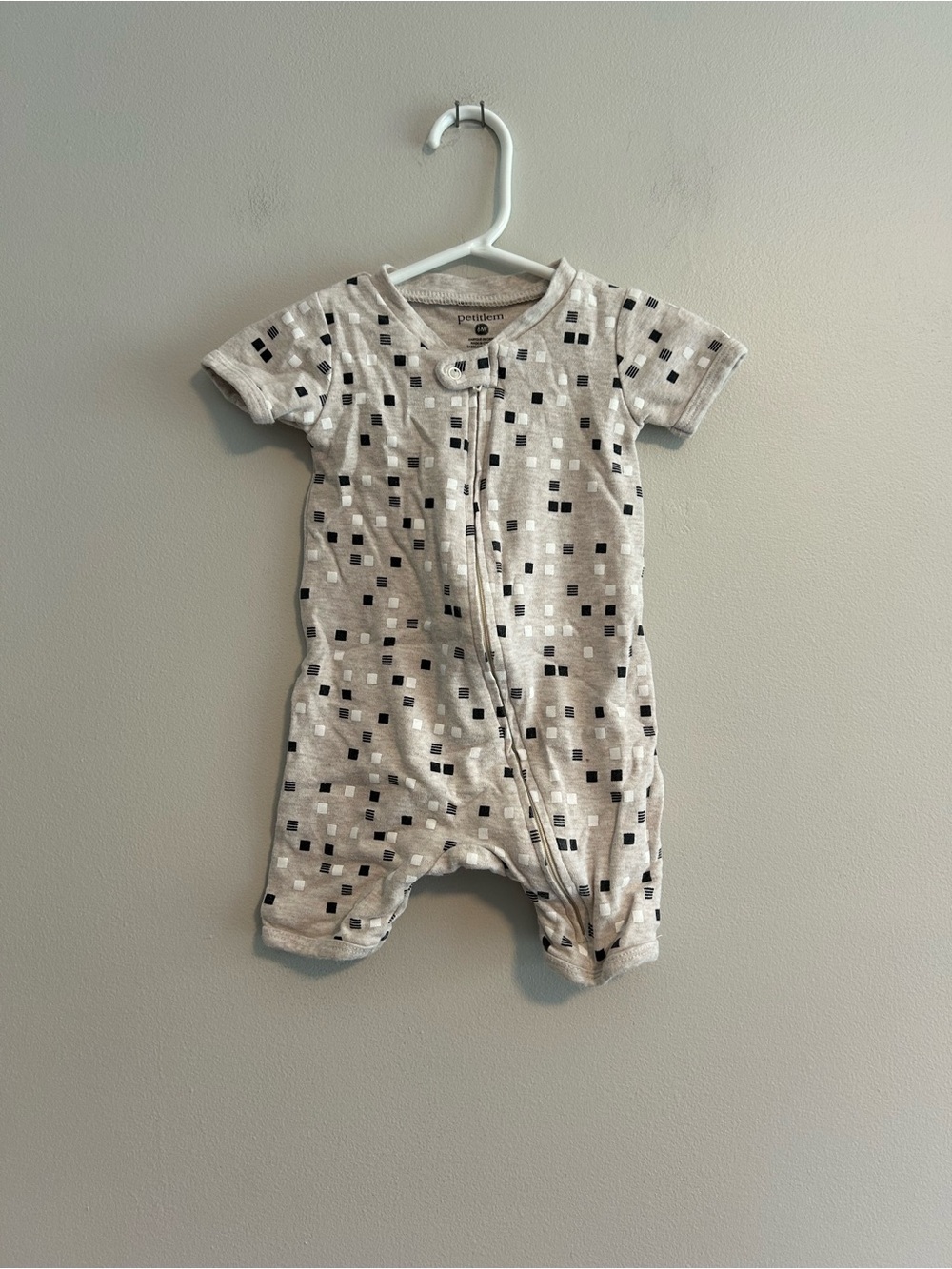 Petit Lem 6m tan and Black Square-Print zip up shorts Romper